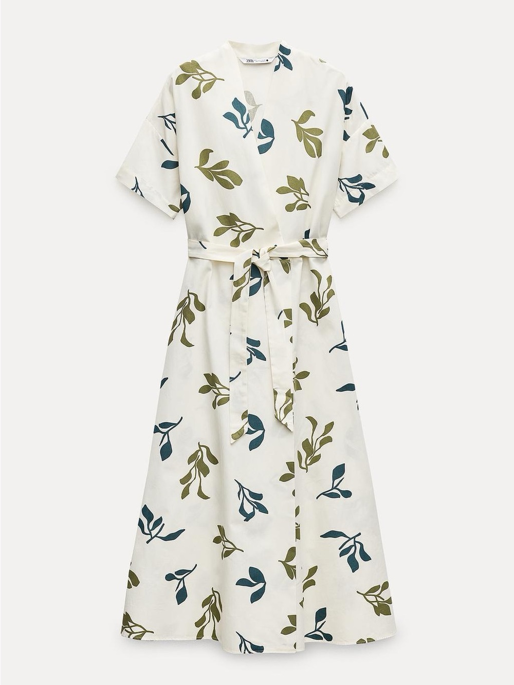 ZARA ZW Collection Botanical Leaf Print Cotton Wrap Midi Dress XS Cream Ecru